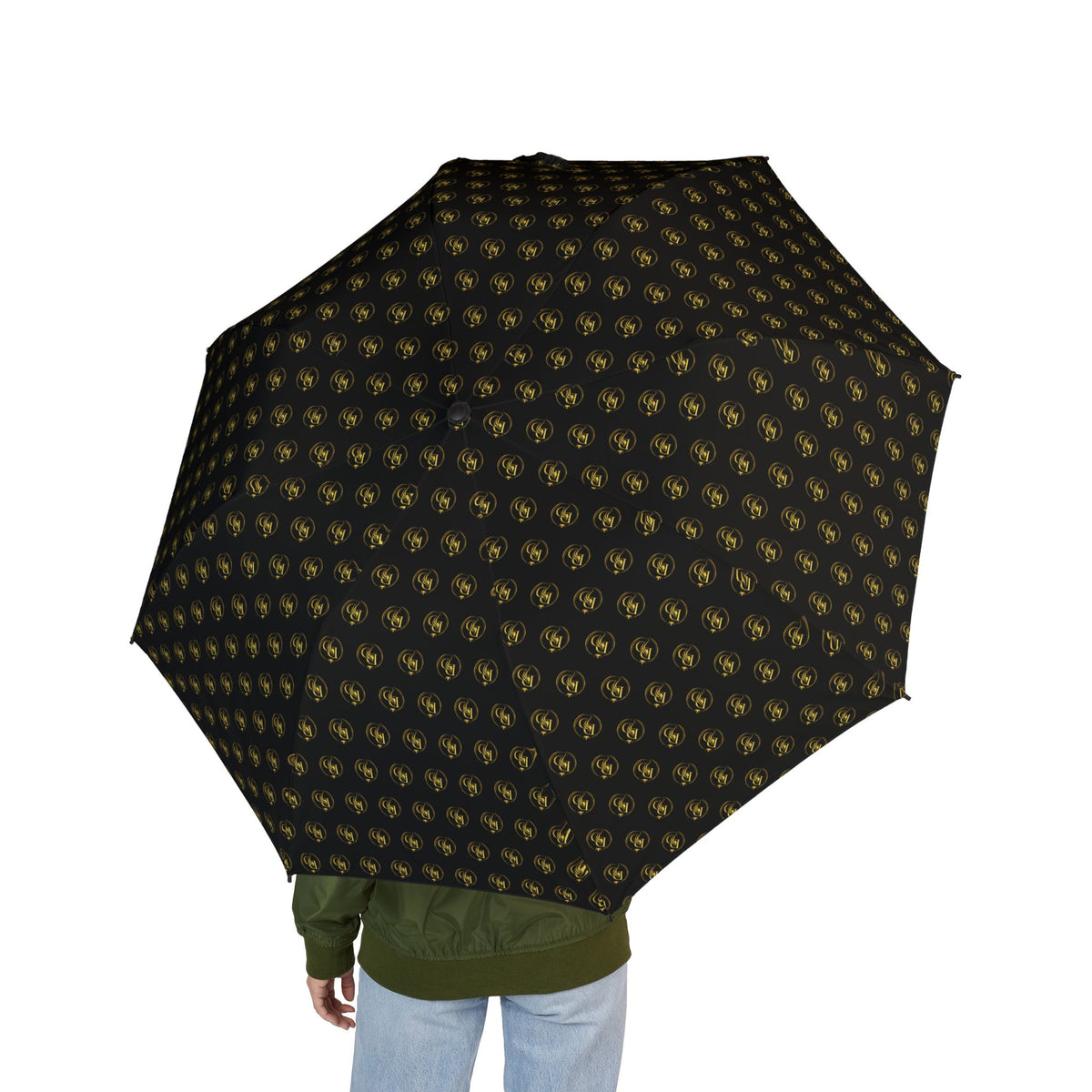 Compact Semi-Automatic Umbrella — Black with Gold Fleur-de-Lis Pattern