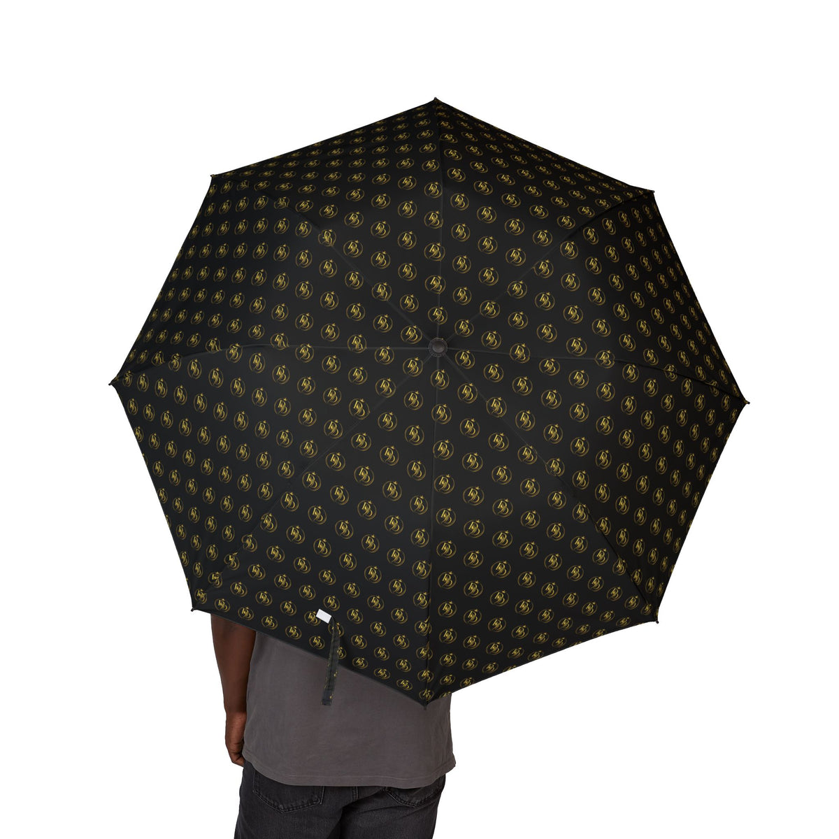 Compact Semi-Automatic Umbrella — Black with Gold Fleur-de-Lis Pattern