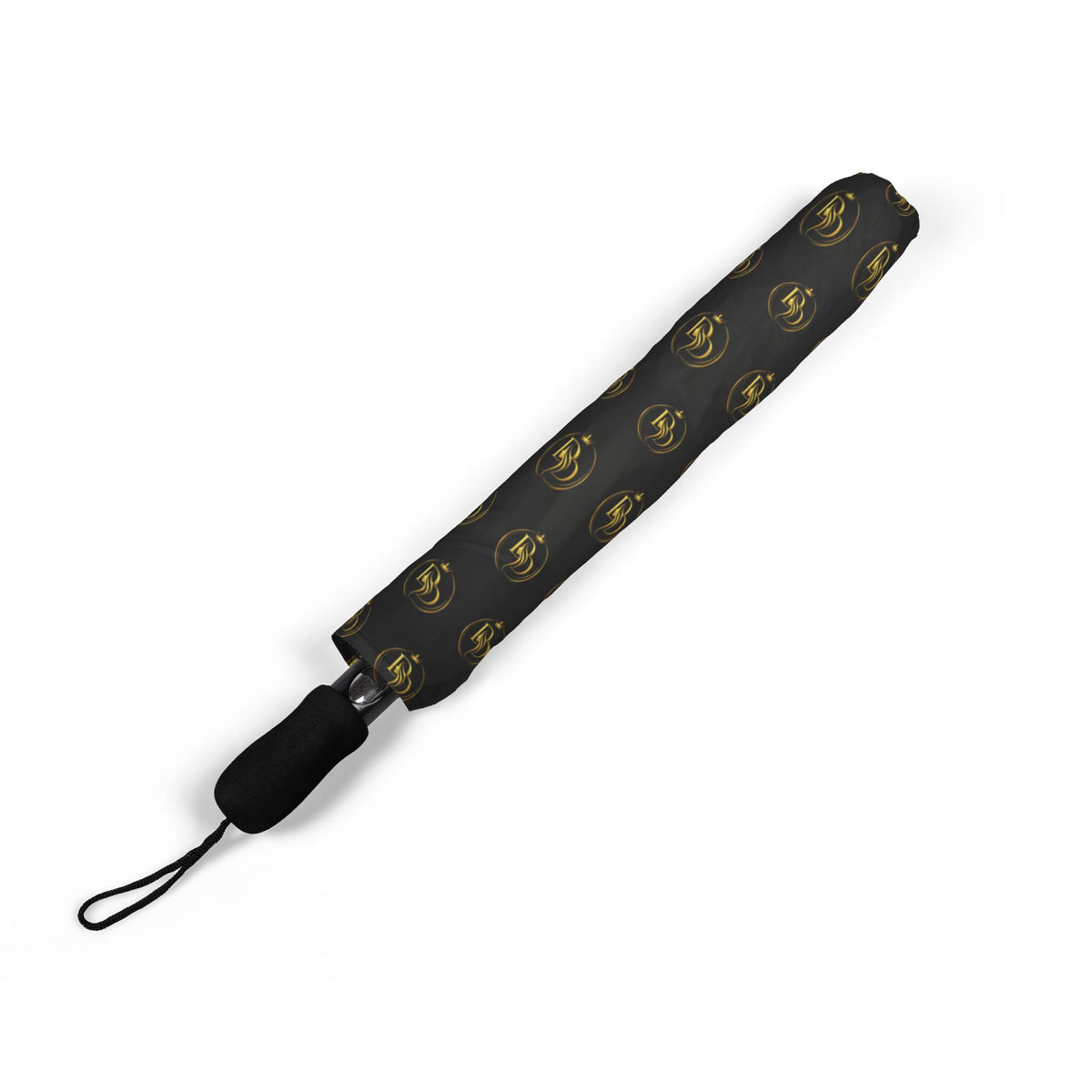 Compact Semi-Automatic Umbrella — Black with Gold Fleur-de-Lis Pattern